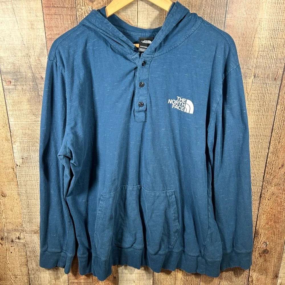 The North Face Mens XL Henley Injected Pullover Hoodie Blue Cotton Sweatshirt